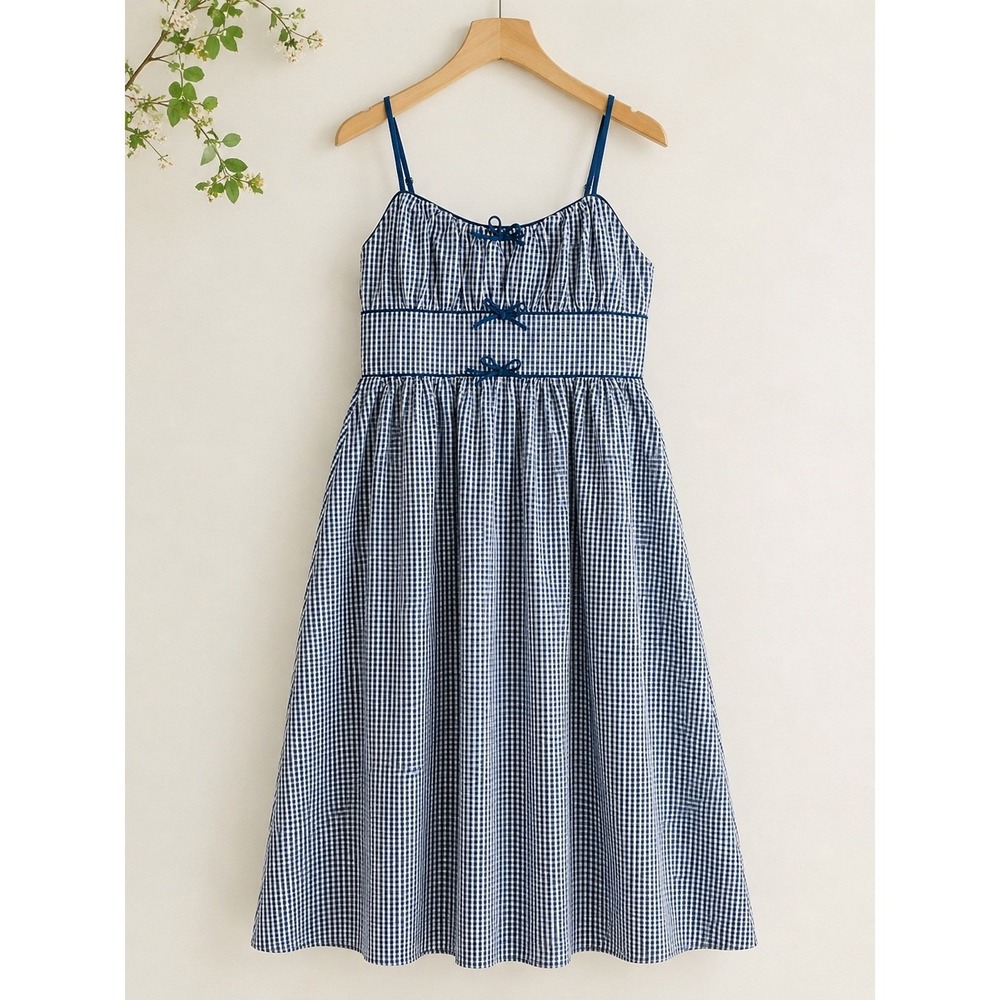 House of Harlow 1960 Gingham Midi Dress Navy Blue White Smocked Back M NEW